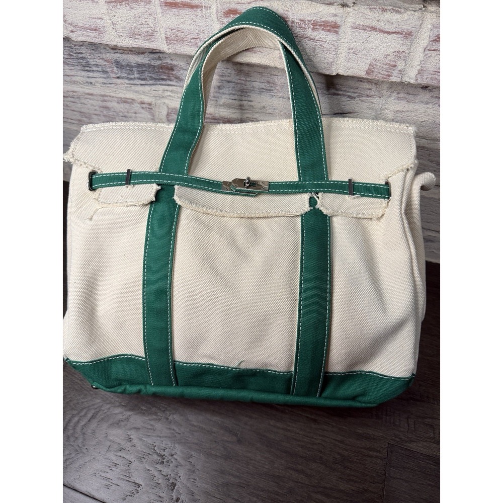 Sunwin Boatkin Style Women Large Cream Green Canvas Tote Bag NWOT Nautical